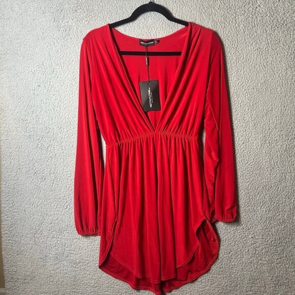 Pretty Little Thing Dress Womens 4 Red Slinky Plunge Split Shift Stretch NEW‎ - Picture 1 of 12